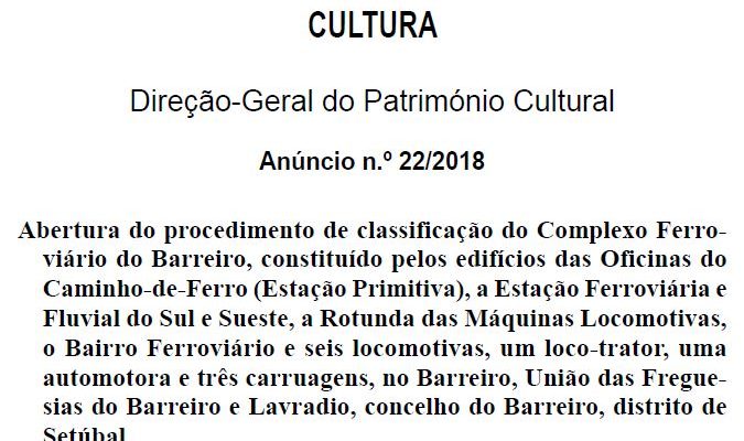 Abertura de Procedimento de Classificação – Complexo Ferroviário do Barreiro